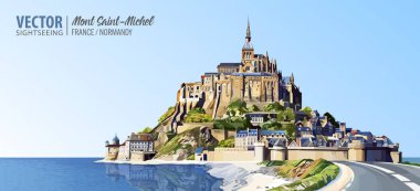 Mont Saint Michel Katedrali adada. Abbey. Normandy, Kuzey Fransa, Avrupa. Manzara. Güzel panoramik manzarası. Vektör çizim
