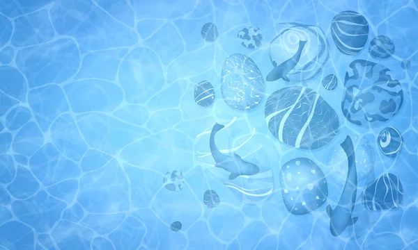 Саммер. Текстура голубой водной поверхности. Подводный фон с эскизами различных рыб и камней. Флаер, буклет для рекламы и дизайна. Очертания силуэтов. Океан, море. Векторная иллюстрация — стоковый вектор