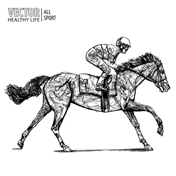 Ata jokey. Şampiyon. At yarışı. Hipodrom. Yarış pisti. Yarış pisti atlamak. At Binme. Yarış atı ilk satırı bitirmek için geliyor. Vektör çizim.