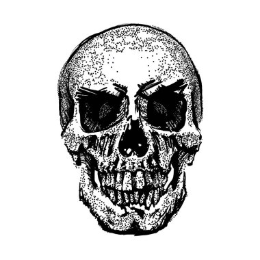 Kafatası grunge görüntüde. Vektör sanat. Sokak tarzı. Ölüm sembolü. Tek renkli stil. Beyaz arka plan üzerinde izole. Parçacık ıraksak kompozisyon. Vektör çizim.