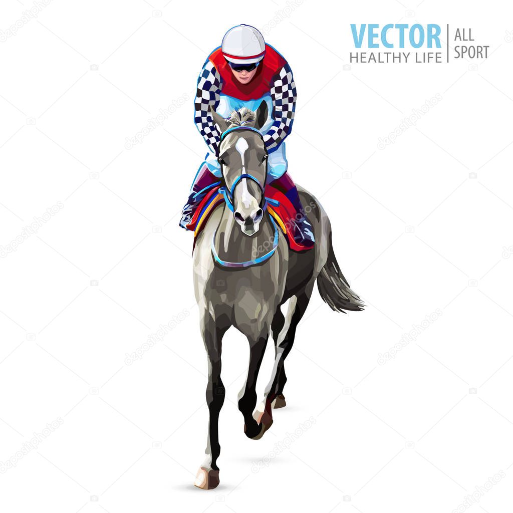 Jockey on horse. Champion. Horse racing. Hippodrome. Racetrack. Jump racetrack. Horse riding. Racing horse coming first to finish line. Isolated on white background. Vector illustration