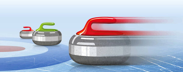 Камни для кёрлинга спортивная игра. Лёд. Каток. Текстуры голубой лед. Зимний фон. Баннер. Векторная иллюстрация, eps 10
