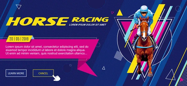 Banner. Universeel sjabloon voor een website met tekst, knoppen. Jockey op paard. Paardenrennen. Hippodroom. Circuit. Springen circuit. Paardrijden. Vectorillustratie. — Stockvector