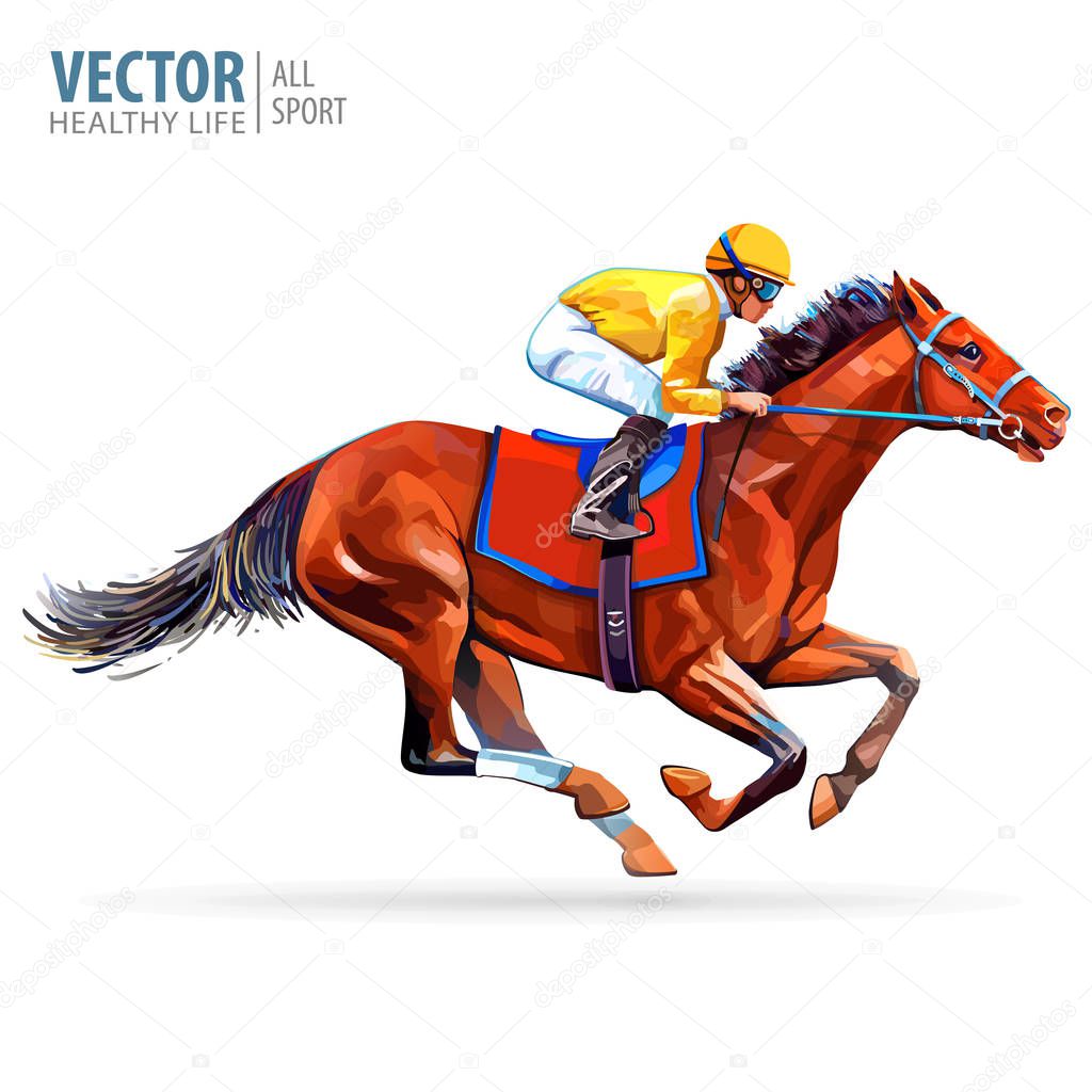 Jockey on horse. Champion. Horse racing. Hippodrome. Racetrack. Jump racetrack. Horse riding. Racing horse coming first to finish line. Isolated on white background. Vector illustration