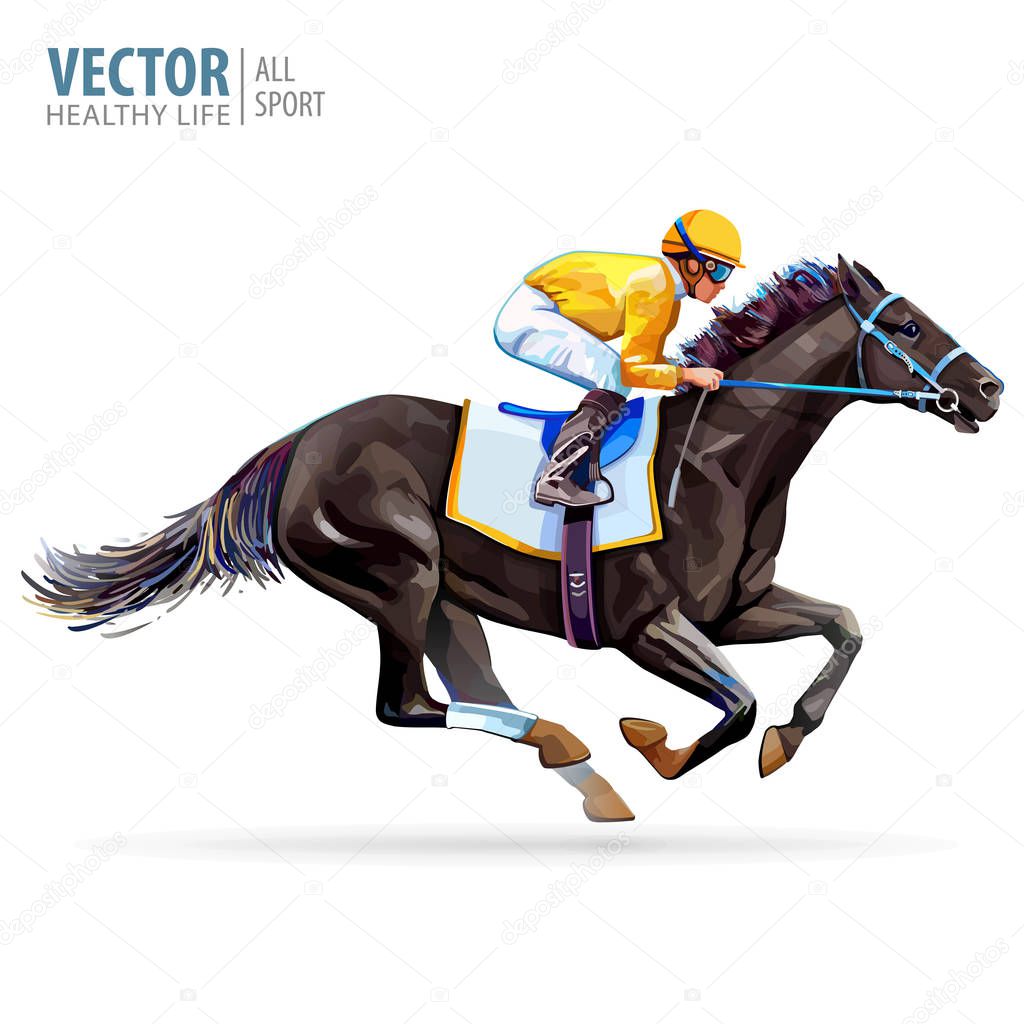 Jockey on racing horse. Champion. Hippodrome. Racetrack. Jump racetrack. Horse riding. Vector illustration. Derby. Isolated on white background