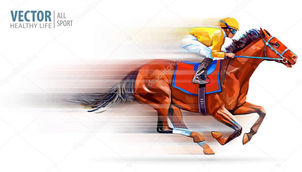 Jockey on racing horse. Champion. Hippodrome. Racetrack. Horse riding. Vector illustration. Derby. Speed. Blurred movement Isolated on white background