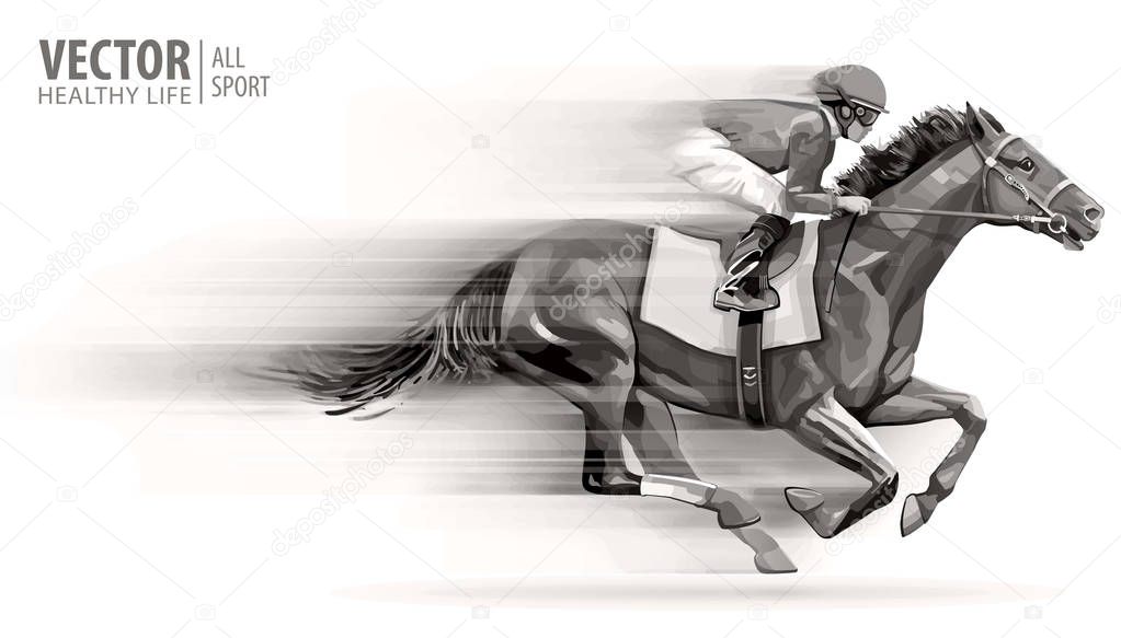 Jockey on racing horse. Champion. Hippodrome. Racetrack. Horse riding. Vector illustration. Derby. Speed. Blurred movement Isolated on white background
