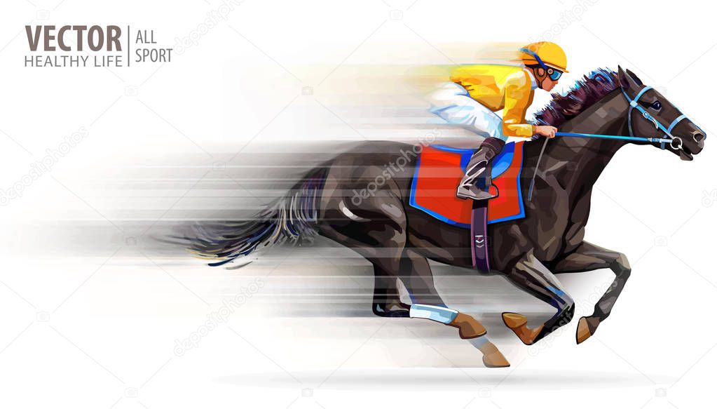 Jockey on racing horse. Champion. Hippodrome. Racetrack. Horse riding. Vector illustration. Derby. Speed. Blurred movement. Isolated on white background