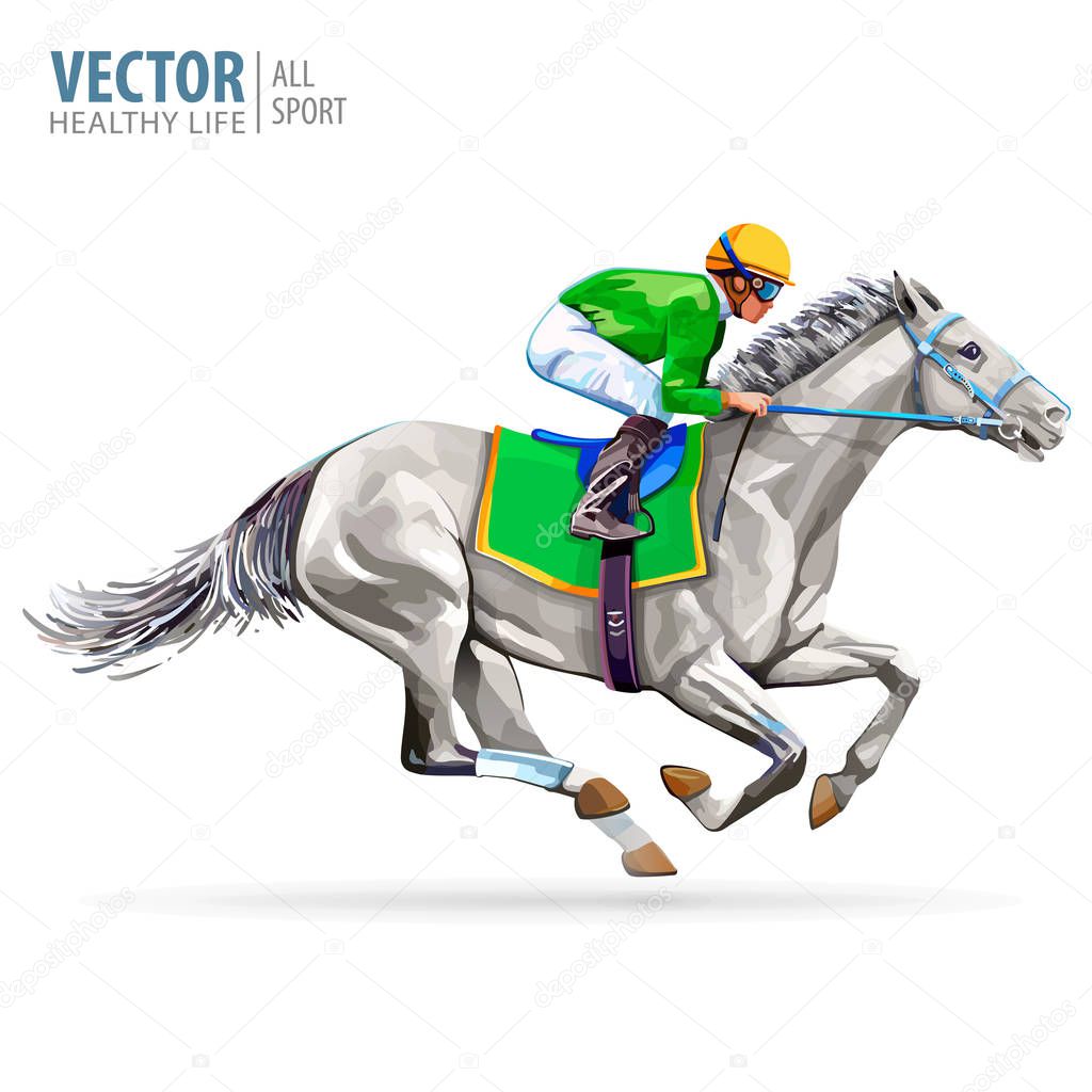 Jockey on racing horse. Champion. Hippodrome. Racetrack. Jump racetrack. Horse riding. Vector illustration. Derby Isolated on white background