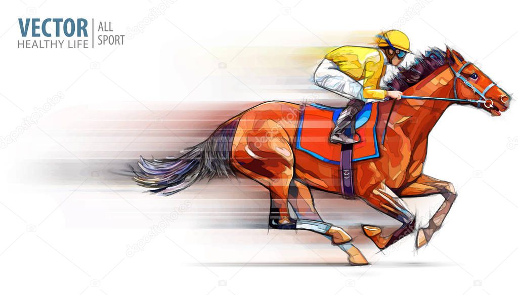 Jockey on racing horse. Champion. Hippodrome. Racetrack. Horse riding. Vector illustration. Derby. Speed. Isolated on white background Blurred movement