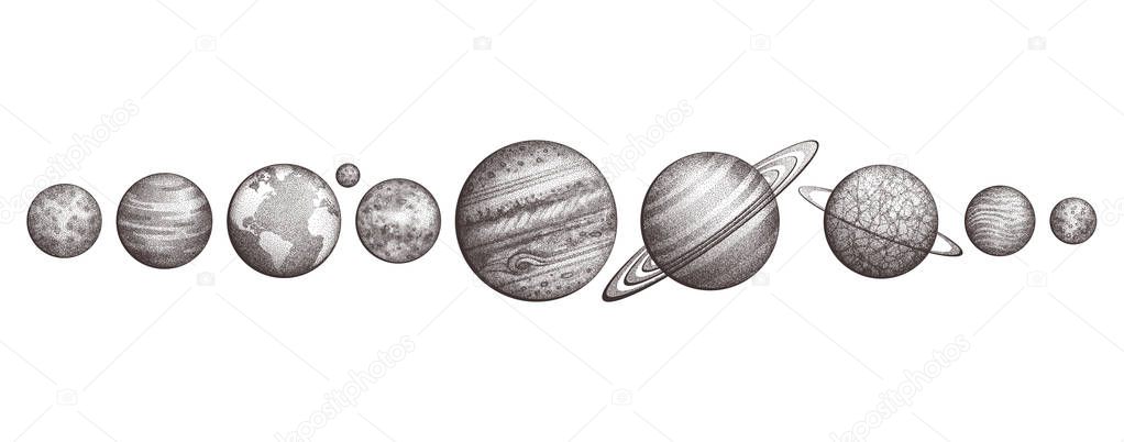 Collection of planets in solar system. Engraving style. Vintage elegant science set. Sacred geometry, magic, esoteric philosophies, tattoo, art. Isolated hand-drawn vector illustration.