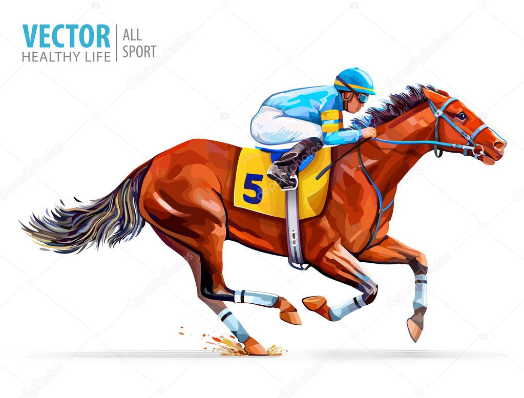 Jockey on racing horse. Derby. Vector illustration isolated on white background. Sport.