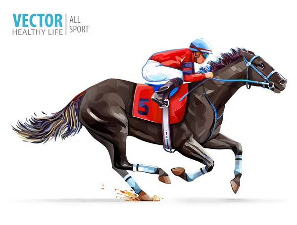 Jockey sobre caballo de carreras. Derby. Deporte. Ilustración vectorial aislada sobre fondo blanco . — Vector de stock