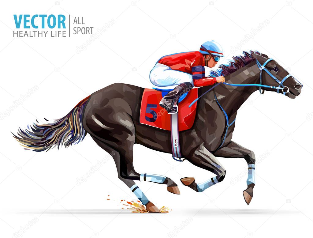 Jockey on racing horse. Derby. Sport. Vector illustration isolated on white background