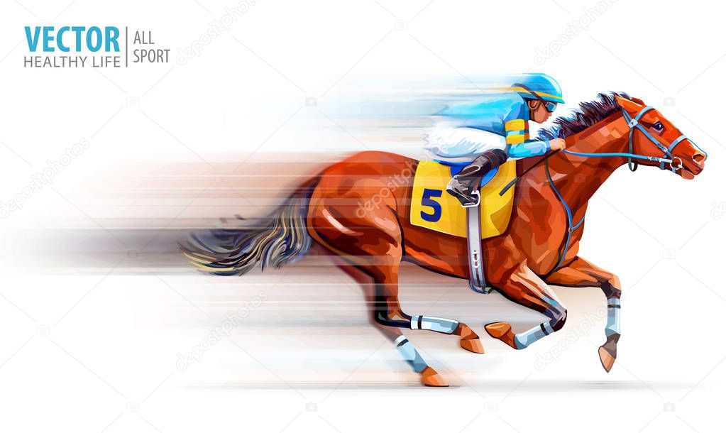 Jockey on racing horse. Champion. Hippodrome. Racetrack. Horse riding. Vector illustration. Derby. Speed. Blurred movement Isolated on white background