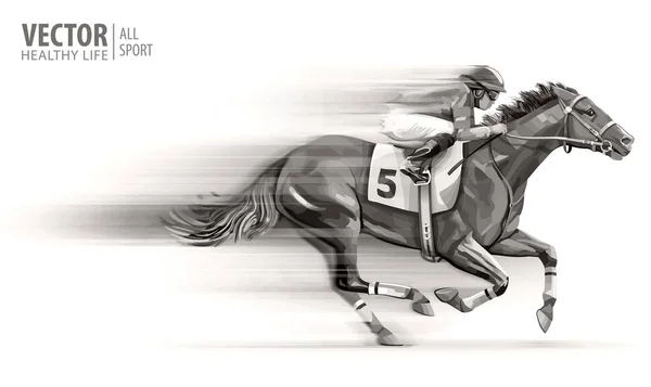 Jockey on racing horse. Champion. Hippodrome. Racetrack. Horse riding. Vector illustration. Derby. Speed. Blurred movement. Isolated on white background — Stock Vector