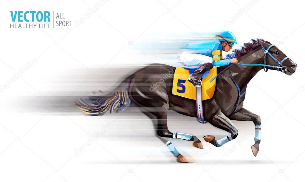 Jockey on racing horse. Champion. Hippodrome. Racetrack. Horse riding. Derby. Speed. Blurred movement. Isolated on white background Vector illustration