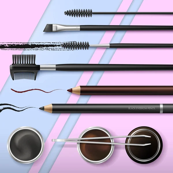 Lash en brow bar. Accessoires. Make-up. Tools voor de verzorging van de wenkbrauwen. Wenkbrauwen potlood. Hoek borstel, pincet en kam. Banner voor professionele make-up artiest. Schoonheidssalon. Vector — Stockvector