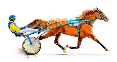 At mı? Binicilik sporu. Trotter yarışı. Jokey. Koşum takımı yarışı. Suluboya resim çizimi. Hipodrom. Beyaz arkaplanda izole