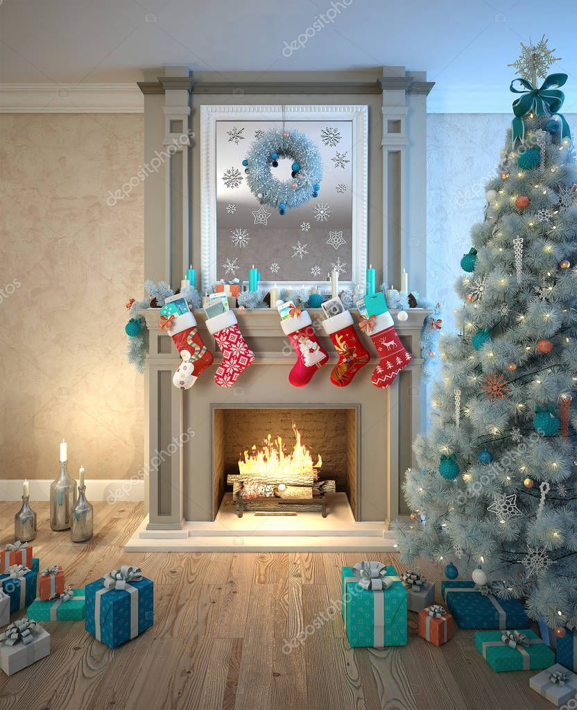 Interior Navidad Con Chimenea Calcetines Navidad Con Regalos Árbol Navidad  — Foto de stock © At_art #202163050, image size:832x1023