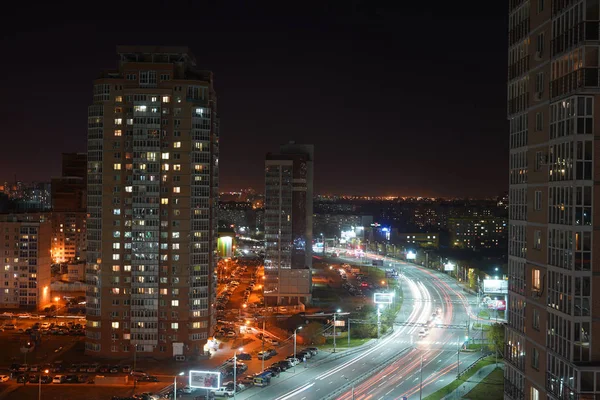 Vista Nocturna Carretera Ciudad Desde Alto Ciudad Khabarovsk Rusia — Foto de Stock