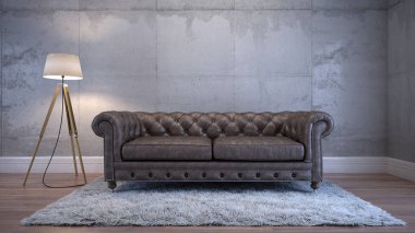 Çatı katı iç. Chester klasik kanepe, beton duvar arka plan, zemin lambası
