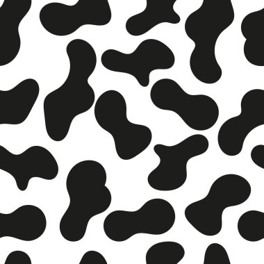 Kusursuz desenli siyah beyaz inek derisi, hayvan izi ya da dalmaçyalı köpek lekesi. Vektör çizimi. Renkli baskı tekstil, kumaş, ambalaj, duvar kağıdı vs. için kullanılabilir