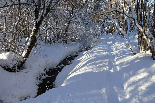 Зимний Пейзаж Большим Количеством Снега Ручья — стоковое фото