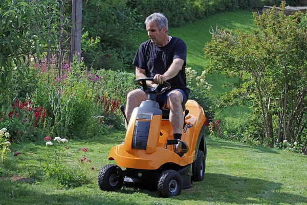 Bir adam, çim biçme makinesi ile çimenliği çimlerini biçiyor. Yaz aylarında çim biçme