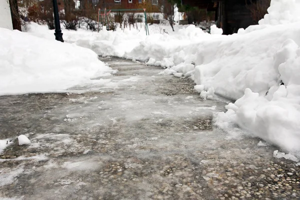 Dangerous Black Ice Walkway Icy Smooth Footpath — Stock Photo, Image