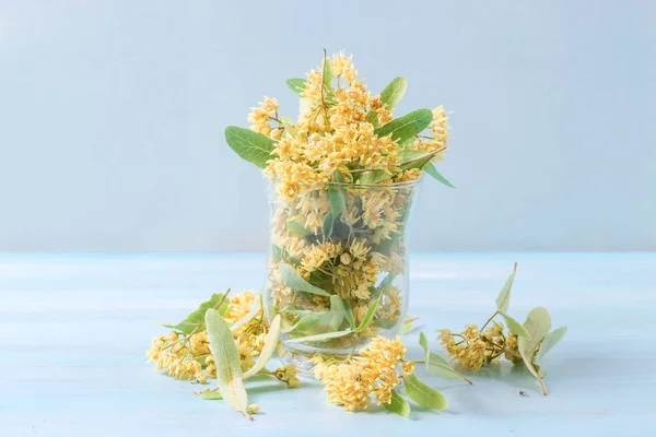 Vas Med Linden Blommor Ett Träbord — Stockfoto