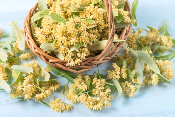 Basket Linden Flowers Wooden Table — Stock Photo, Image