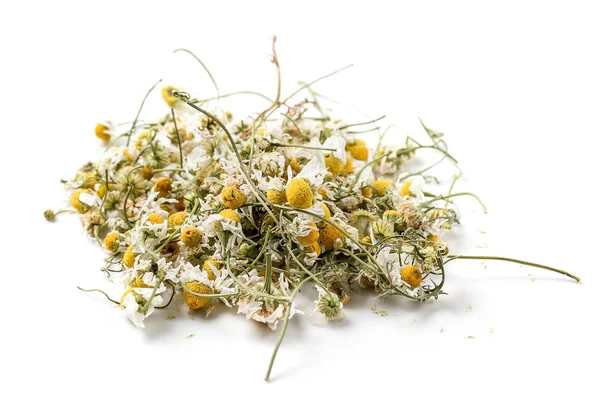 Αποξηραμένο Χαμομήλι Λουλούδια Που Απομονώνονται Λευκό Φόντο — Φωτογραφία Αρχείου