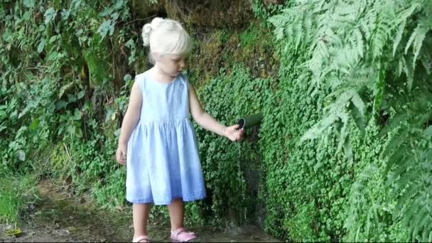 Liten Flicka Hälla Vatten Ett Glas Källa — Stockvideo