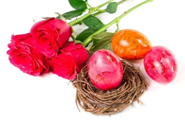 Huevos de Pascua y rosas sobre un fondo blanco —  Fotos de Stock