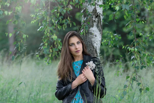 Retrato de uma jovem mulher em um bosque de bétula — Fotografia de Stock