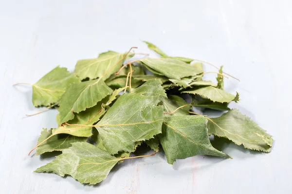 Куча сушеных березовых листьев на деревянном столе — стоковое фото