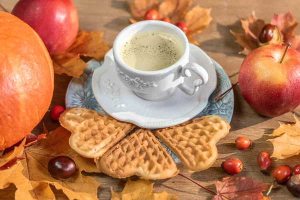 秋、秋の葉、熱い蒸しコーヒー、カボチャと1杯 — ストック写真