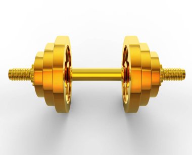 3d altın dumbbell izole kırpma yolu ile beyaz arka plan üzerinde.