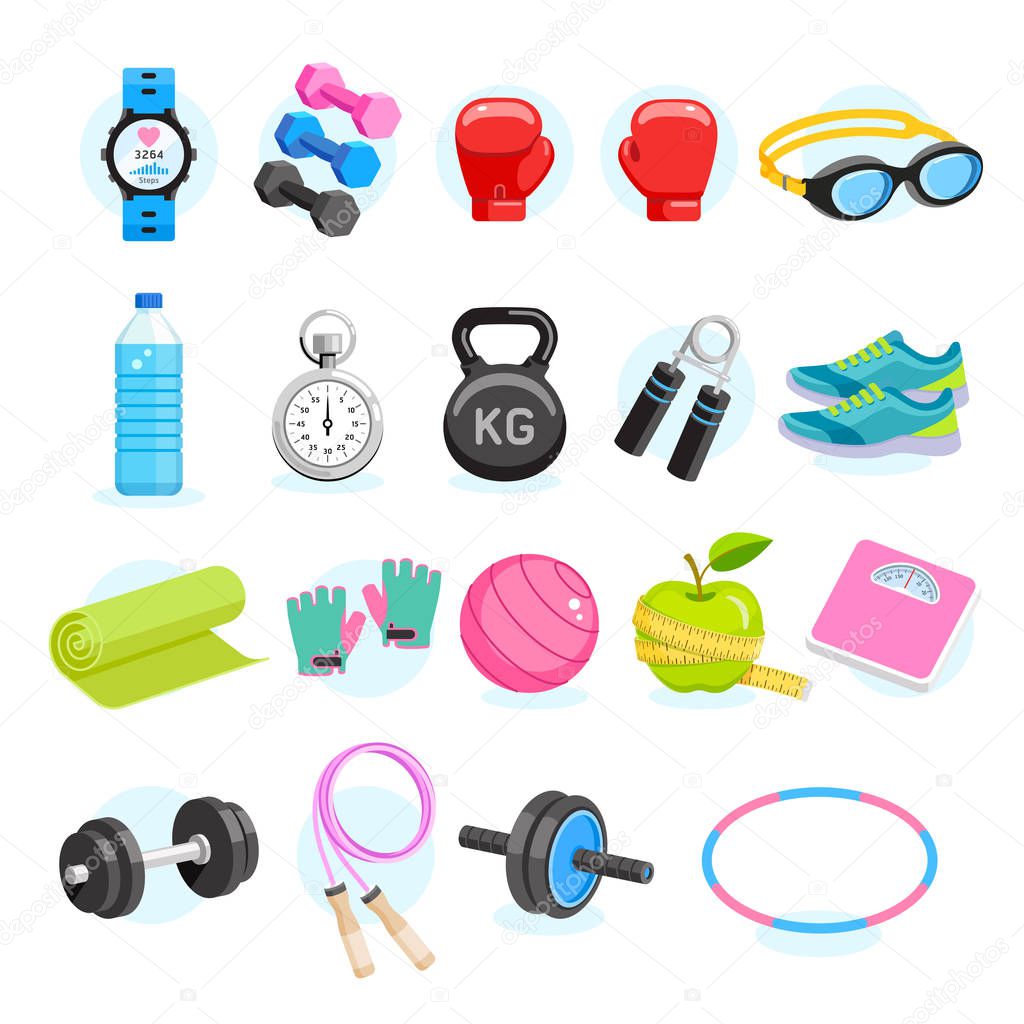 Set of Exercises equipment icons color. Vector Illustrations.