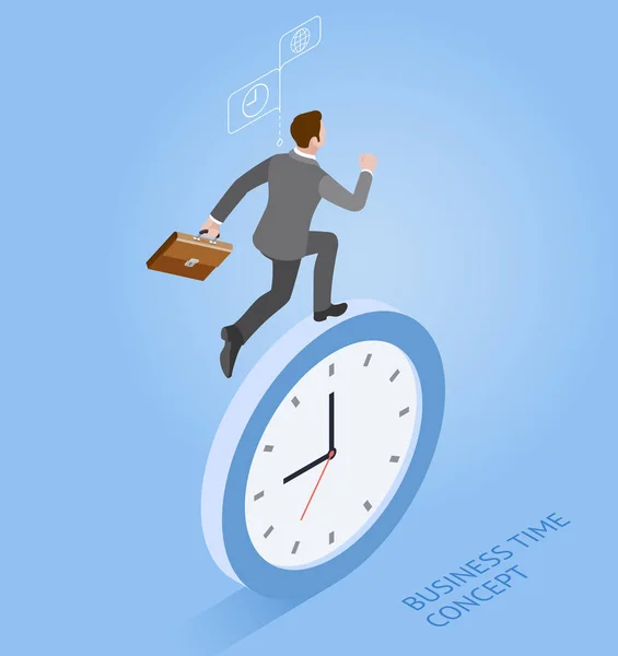 Conceptos Tiempo Negocios Empresario Corriendo Con Reloj Ilustración Isométrica Vectorial — Vector de stock