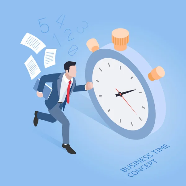 业务时间概念 商人用秒表跑步 等距向量图 — 图库矢量图片