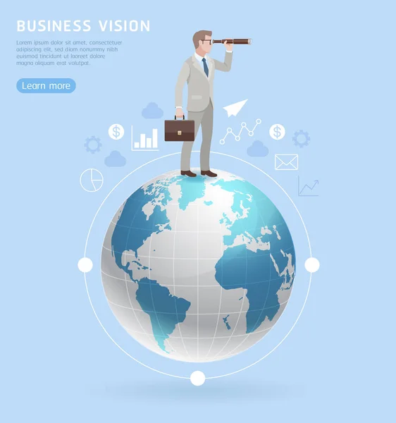 Conceptos Visión Empresarial Empresario Pie Con Prismáticos Mundo Ilustración Vectorial — Archivo Imágenes Vectoriales