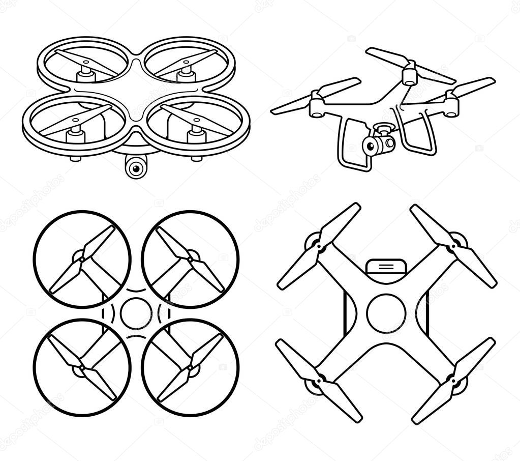 Drone silhouette icons set. Vector illustration.