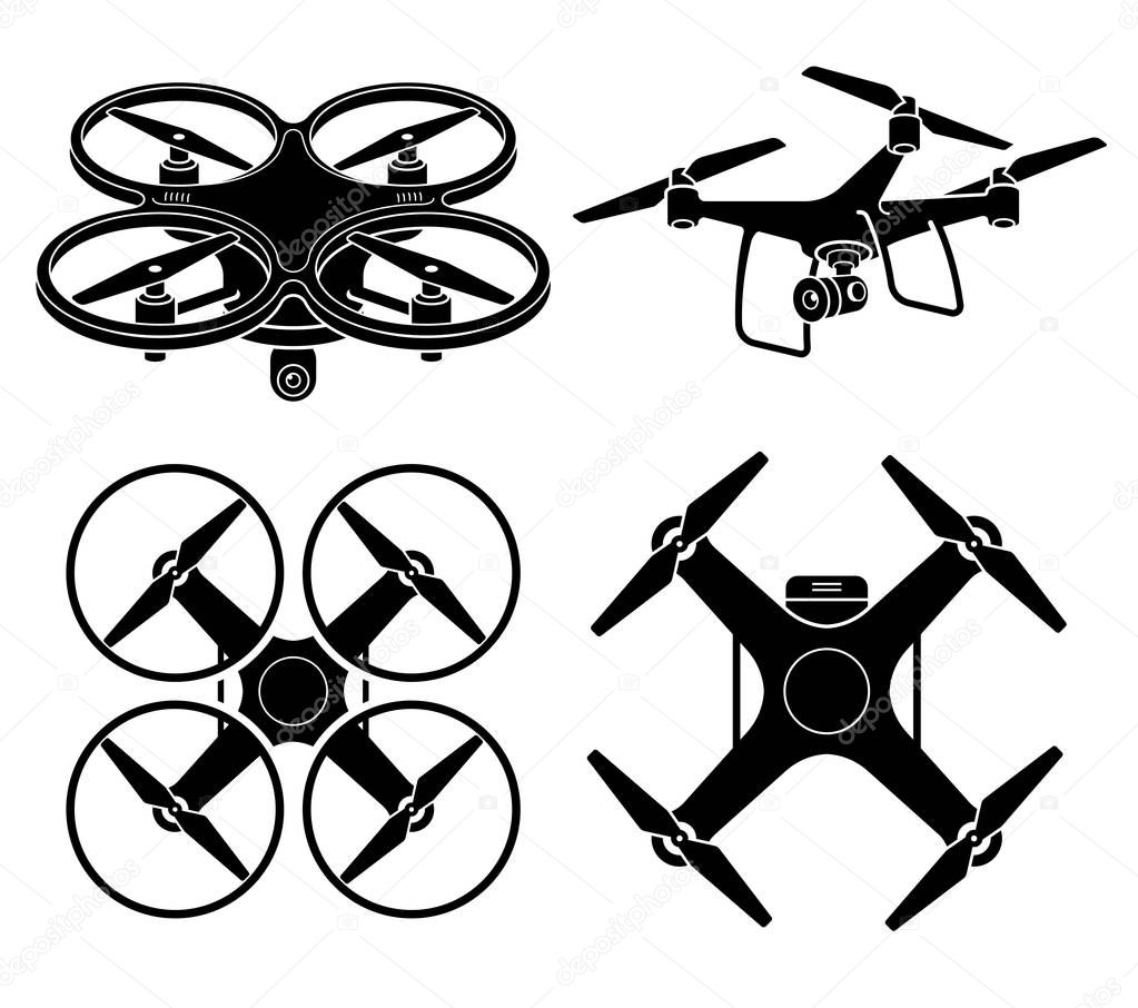 Drone silhouette icons set. Vector illustration.