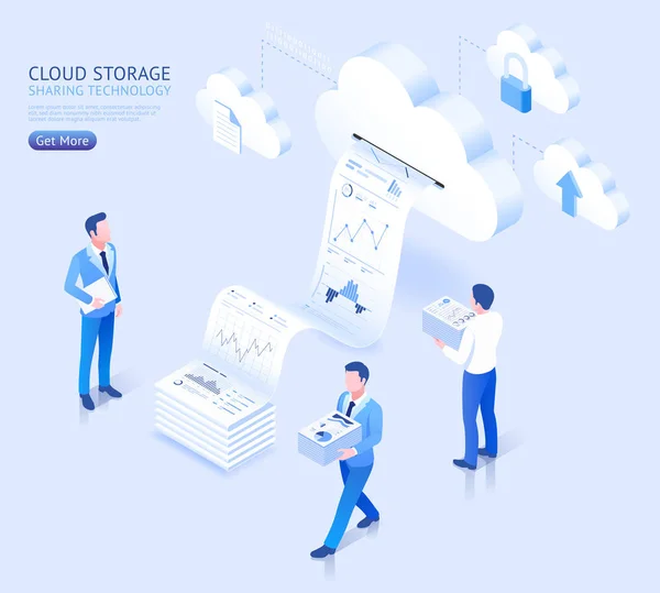 Tehnologia Cloud Storage Sharing Vector Ilustrații Izometrice — Vector de stoc