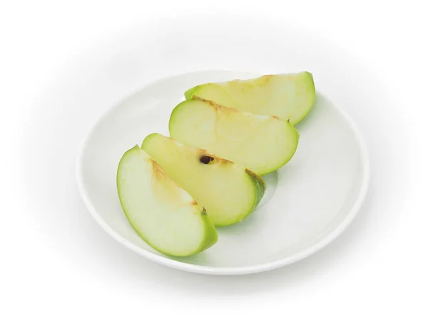 Grüne Äpfel Scheibe Auf Schale Isoliert Auf Weißem Hintergrund — Stockfoto