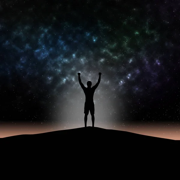 Man Silhouette Hands Mountain Star Light Background — Stock Photo, Image