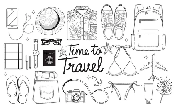 Time Travel Concept Travel Objects Flat Lay Drawing Style Vector — Stock Vector