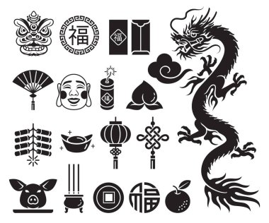 Çin yeni yılı Icons set. Vektör llustrations.